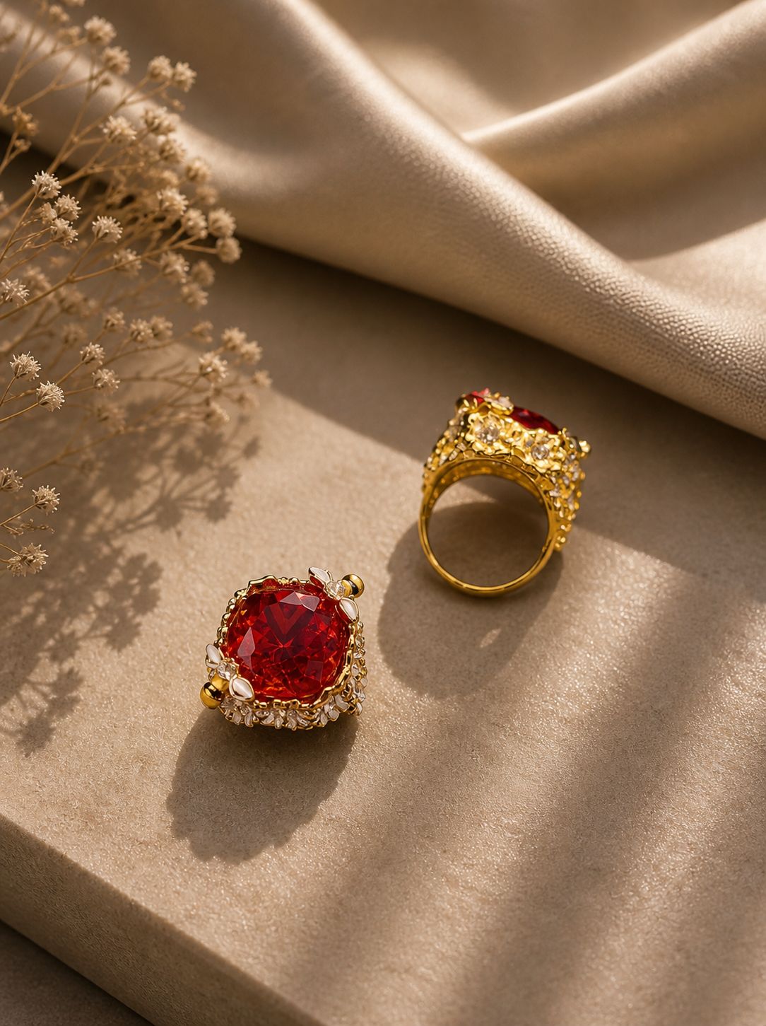RED HONEYCOMB COCKTAIL RING