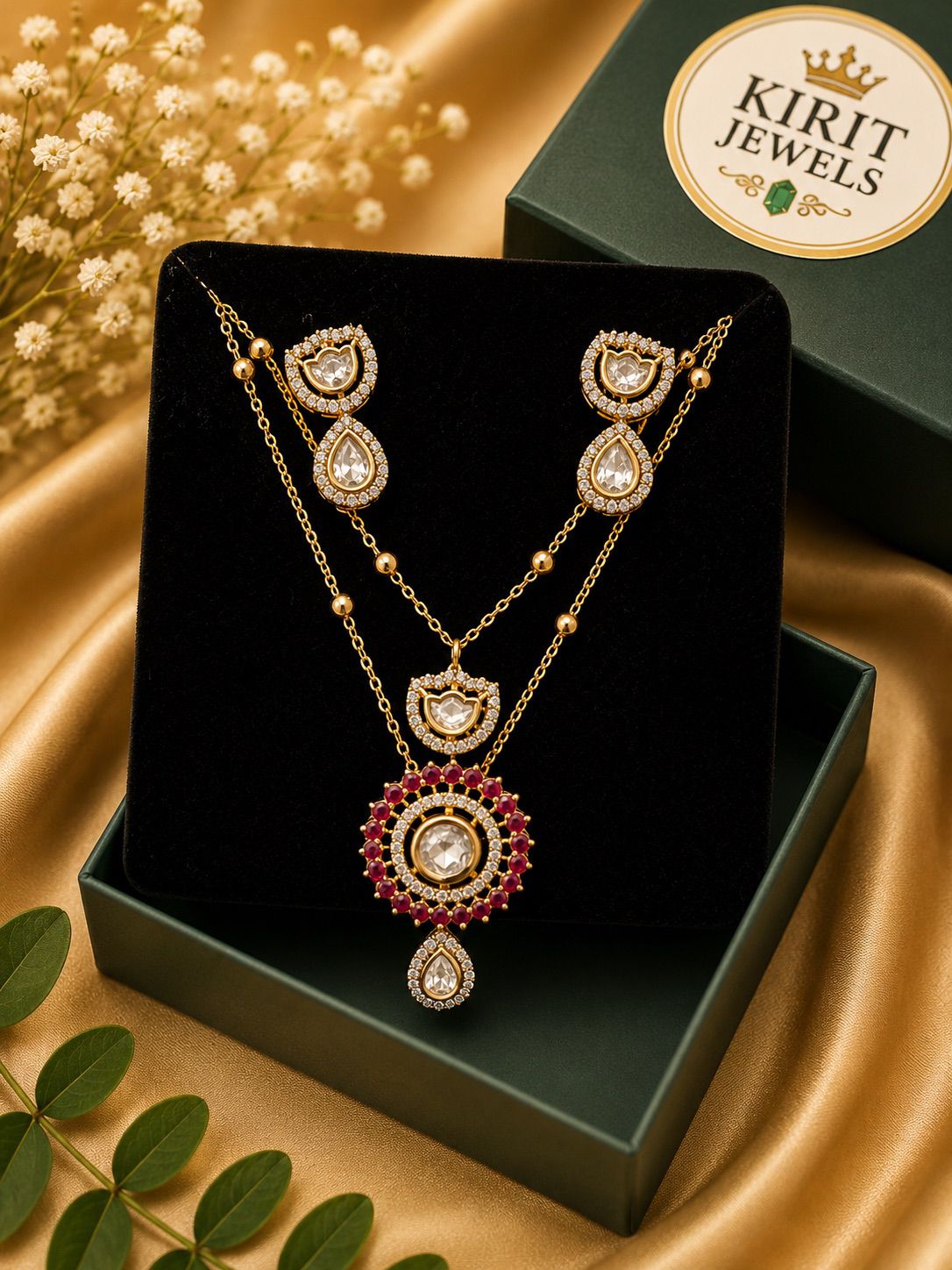 Ruby Halo Double Chain Mosanite Pendant